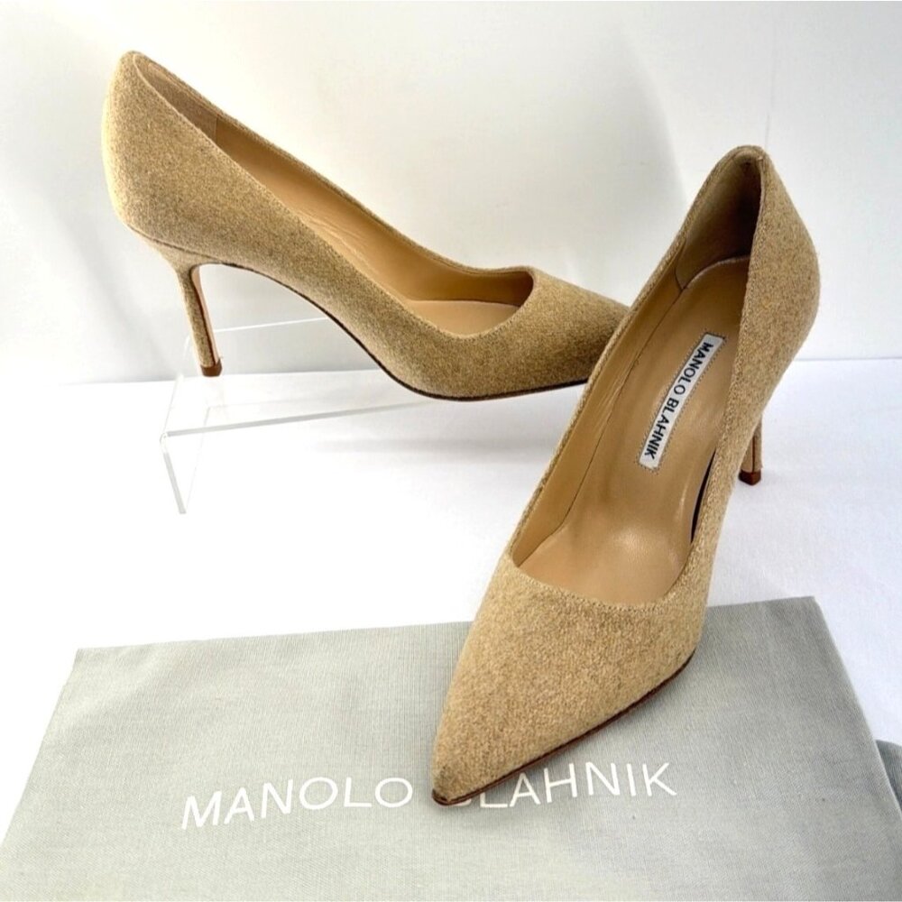 Manolo Blahnik BB 90 Wool Pumps Stiletto Brown Heels Size 37 US7
